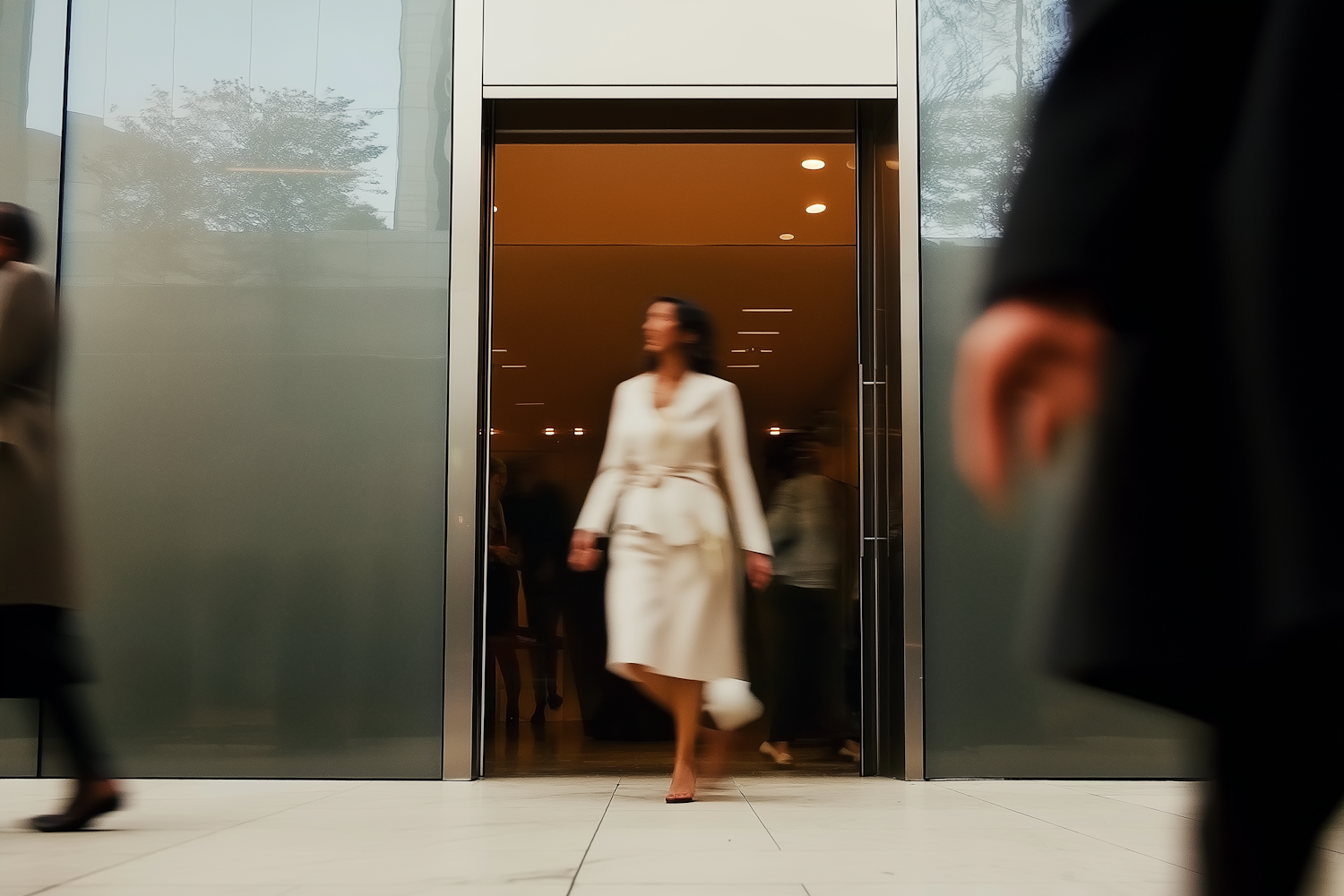 Woman Exiting Building