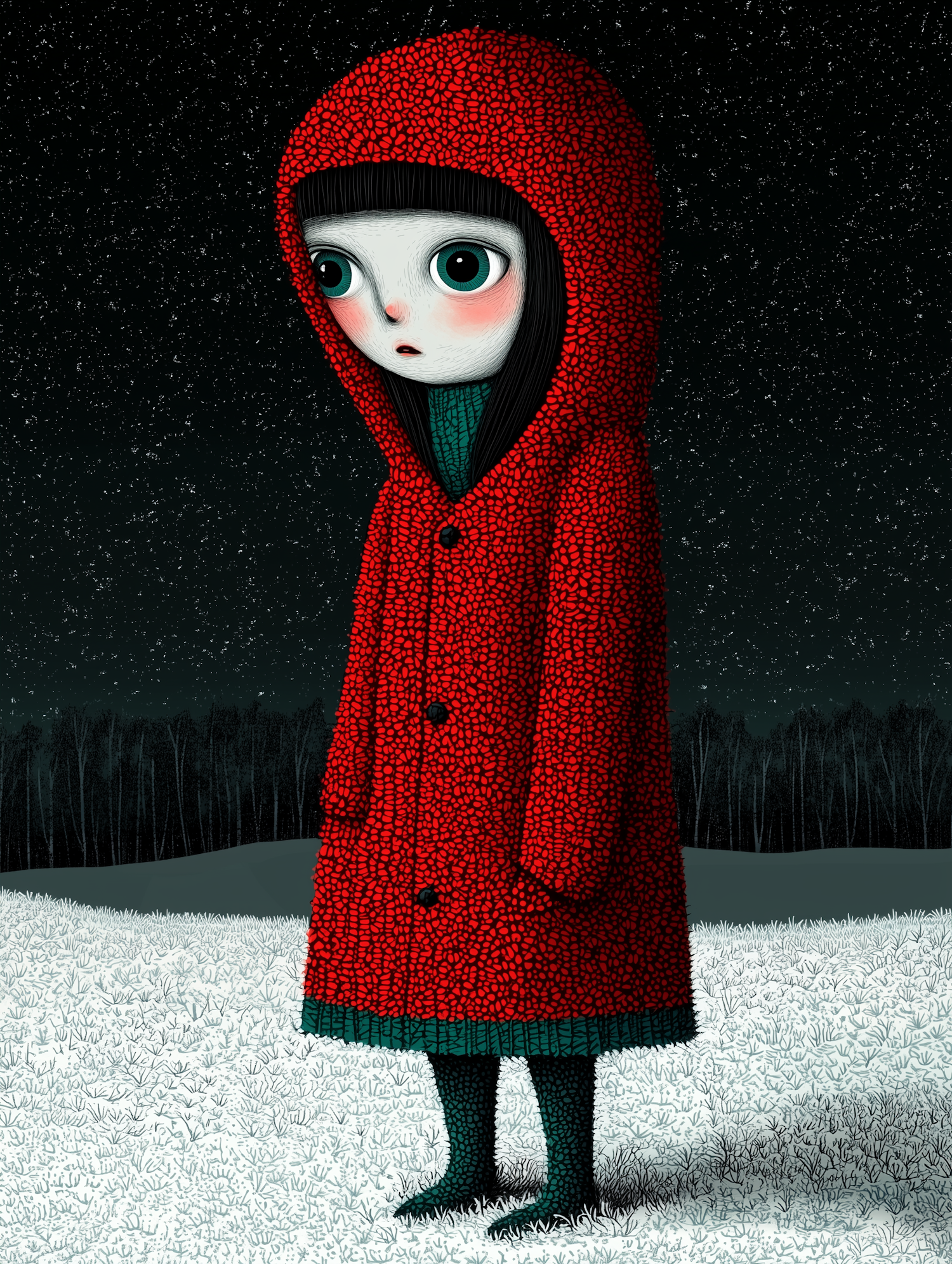 Girl in Red Coat in Snowy Landscape