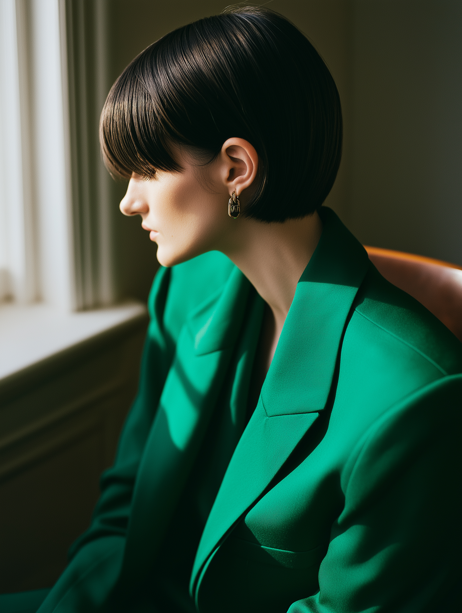 Contemplative Profile in Emerald Blazer