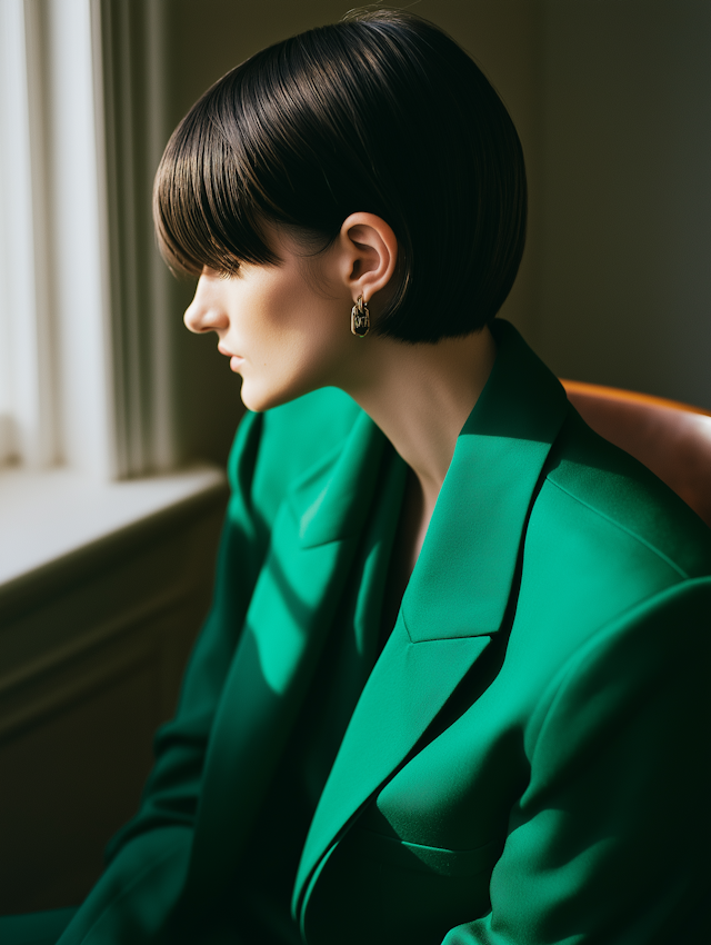 Contemplative Profile in Emerald Blazer