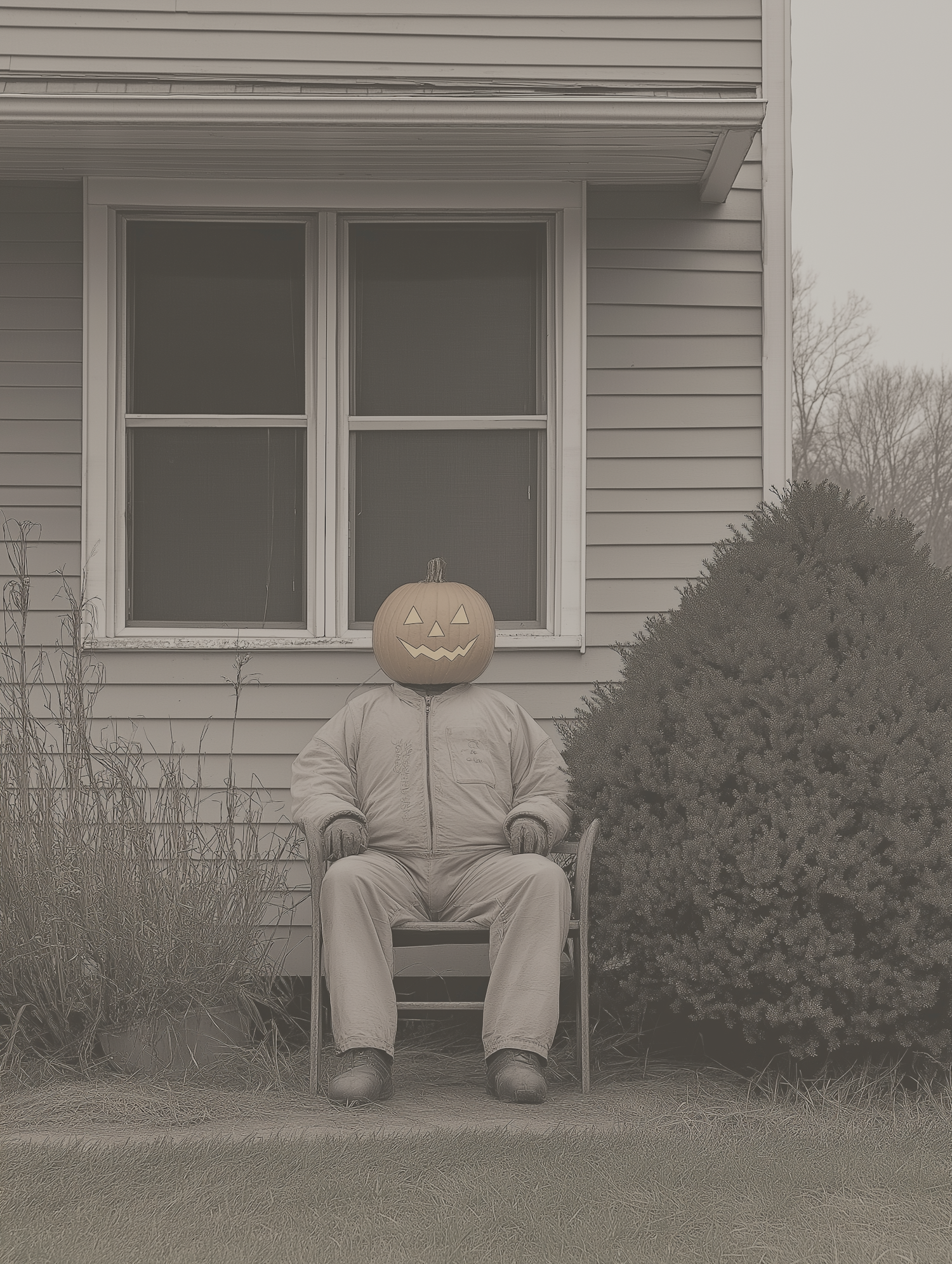 Person with Jack-o'-Lantern Head in Front of House