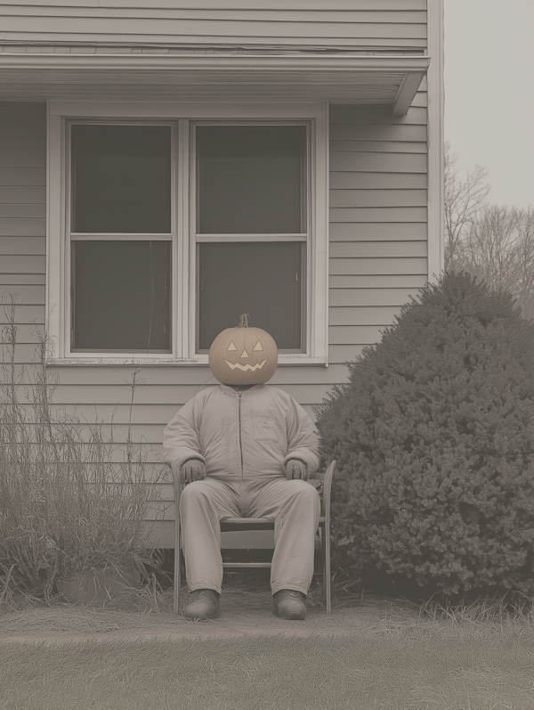 Person with Jack-o'-Lantern Head in Front of House