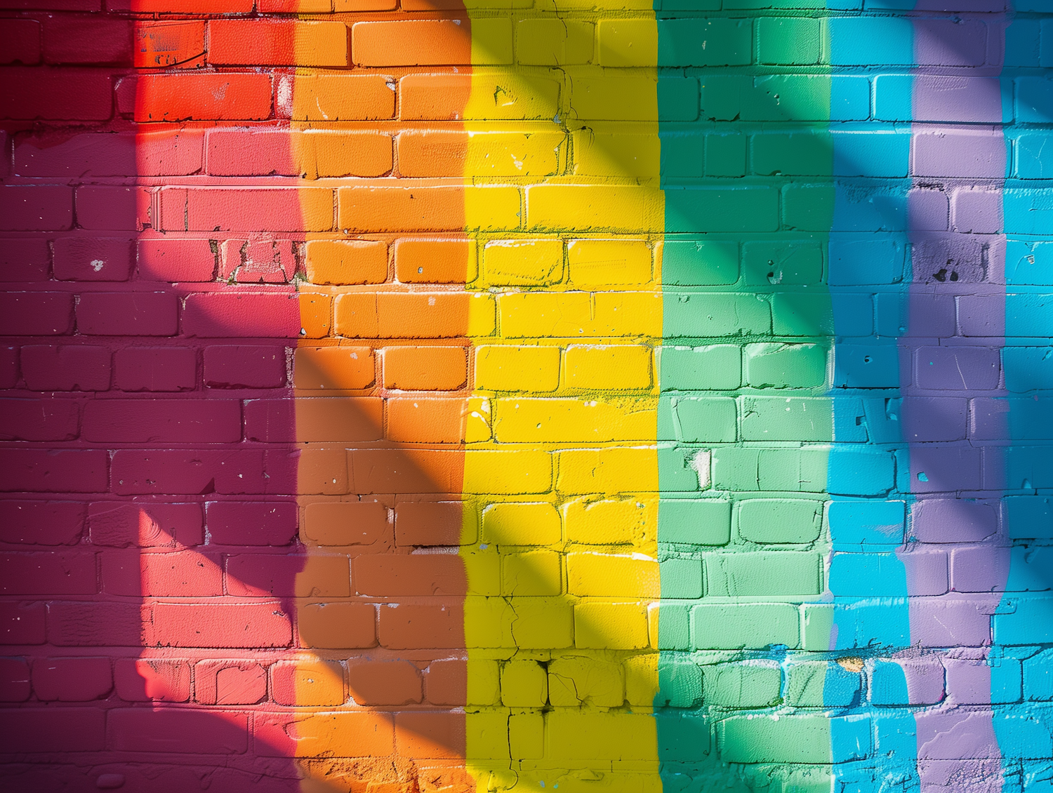 Rainbow Painted Brick Wall with Human Shadow