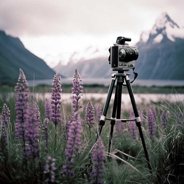 Vintage Camera Amidst Purple Lupines