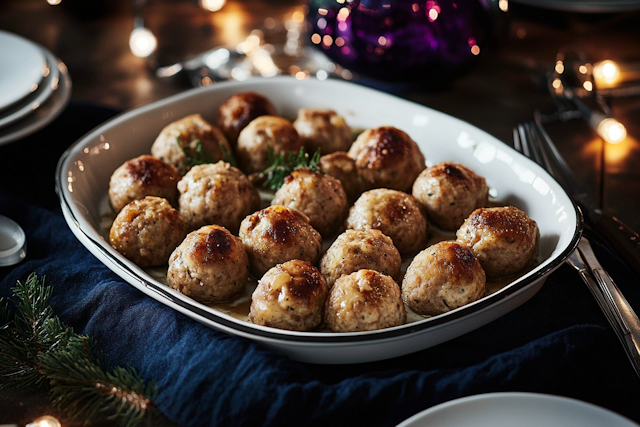 Golden-Brown Meatballs on Blue Cloth