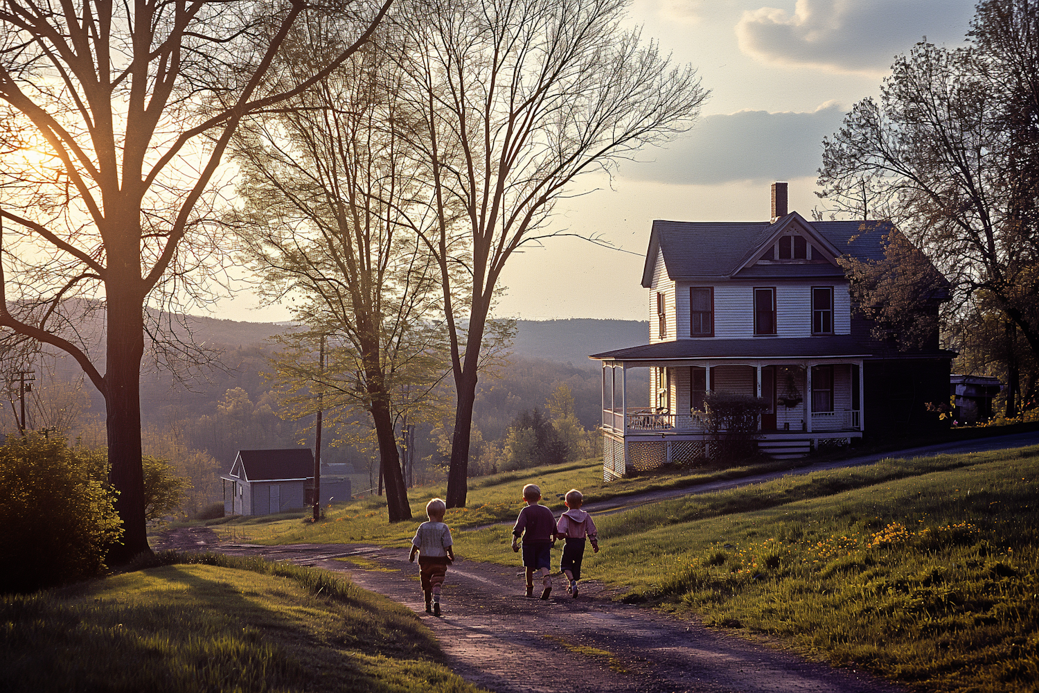 Golden Hour Repose with Children on Country Road