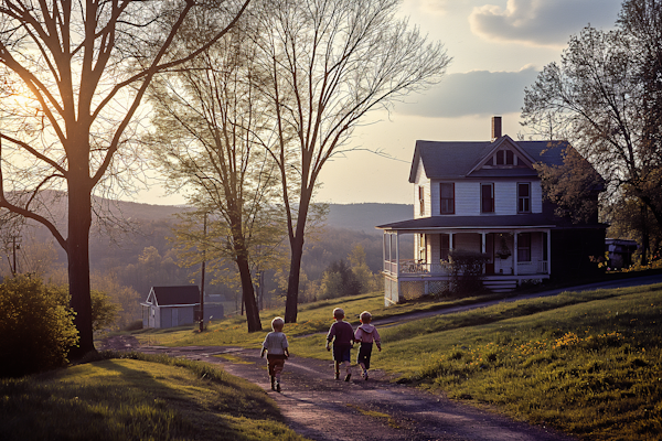 Golden Hour Repose with Children on Country Road