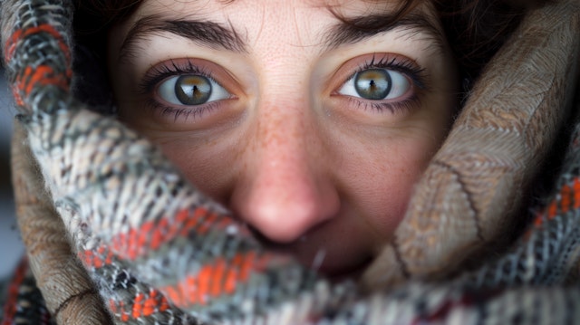 Expressive Eyes and Multicolored Scarf