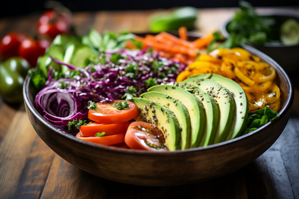 Colorful Avocado and Rainbow Veggie Salad Bowl