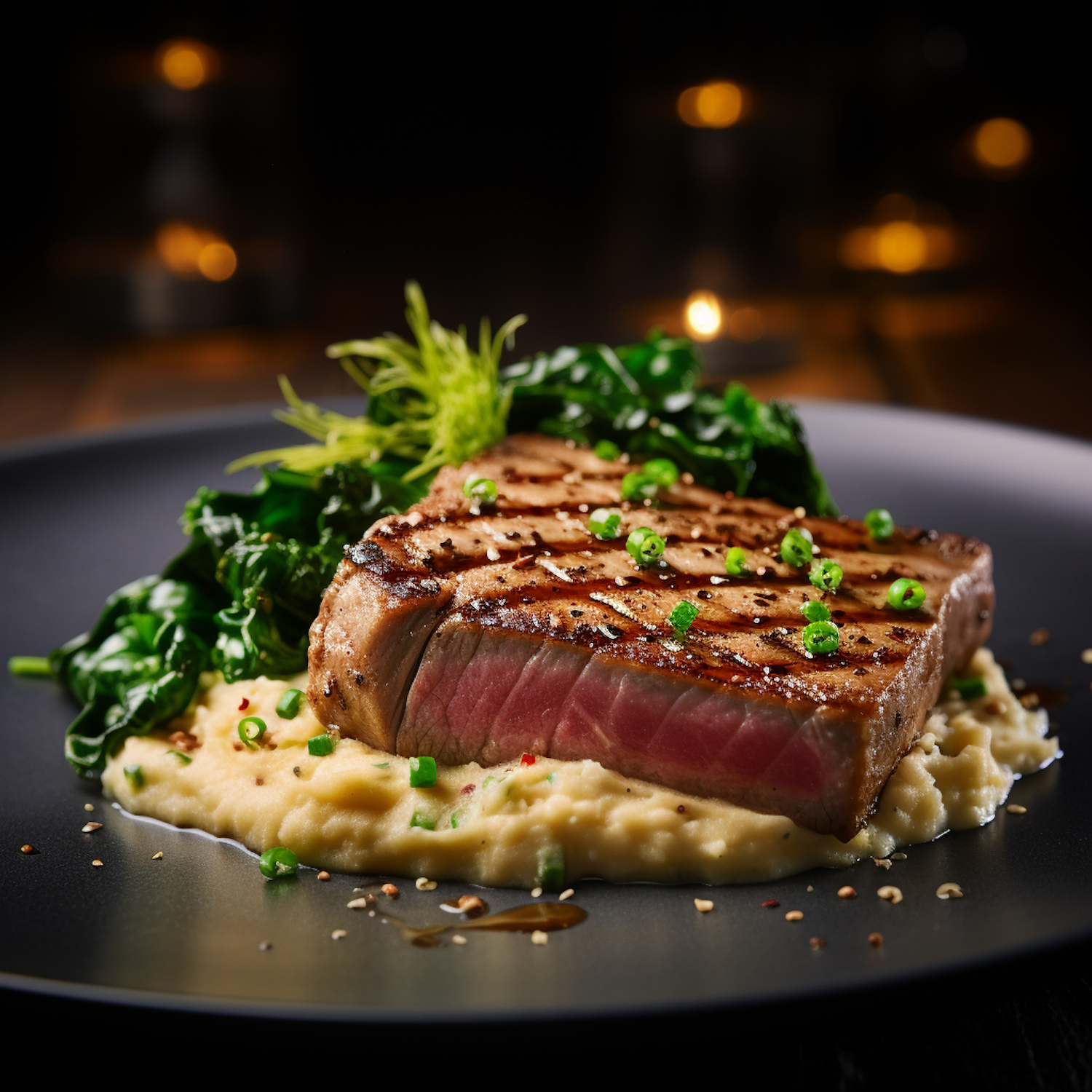 Grilled Medium Rare Tuna Steak with Herb Garnish, Creamy Puree, and Wilted Greens