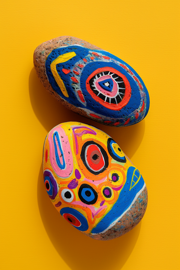 Vibrantly Painted Stones on Yellow