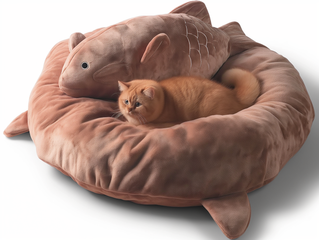 Cozy Kitten in Fish-Shaped Bed