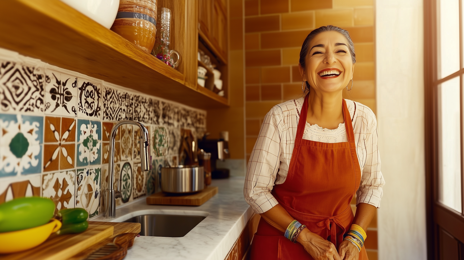 Woman in Warmly Lit Kitchen