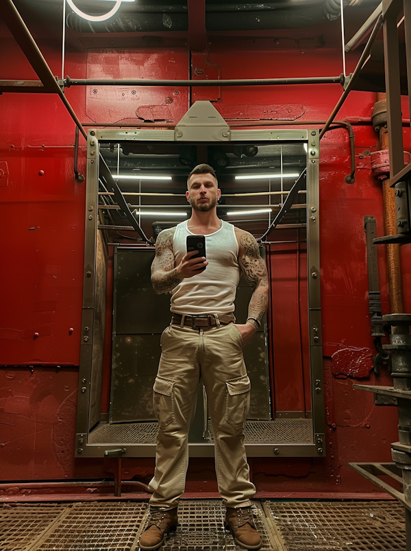 Man in Red Industrial Elevator