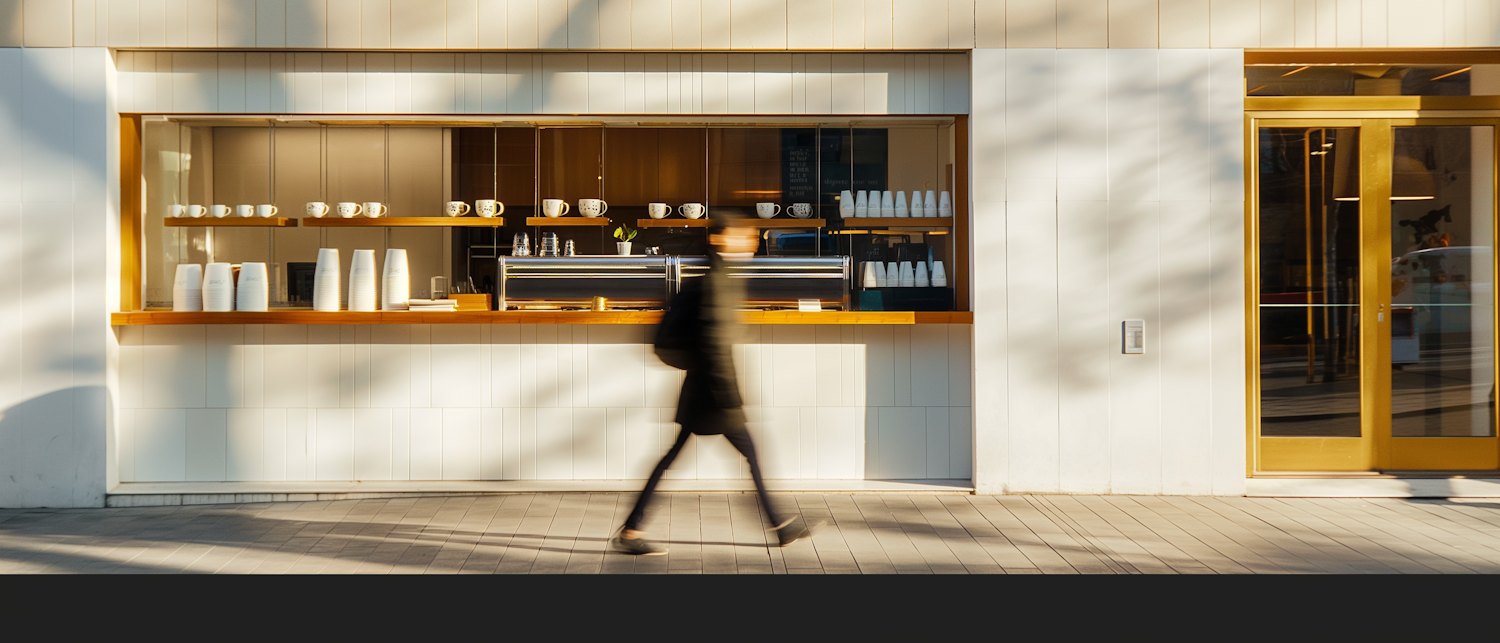 Urban Coffee Bar Scene with Passing Pedestrian