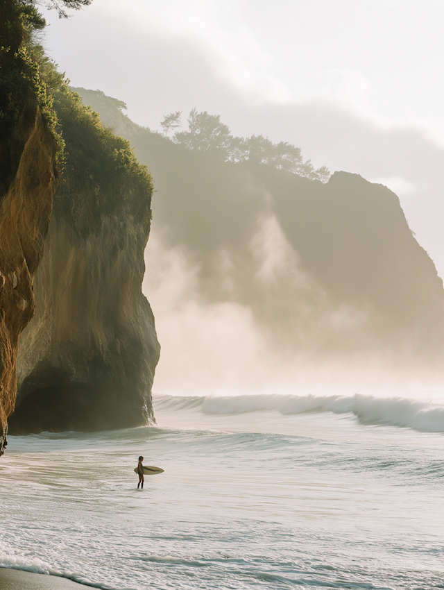 Serene Coastal Scene with Surfer