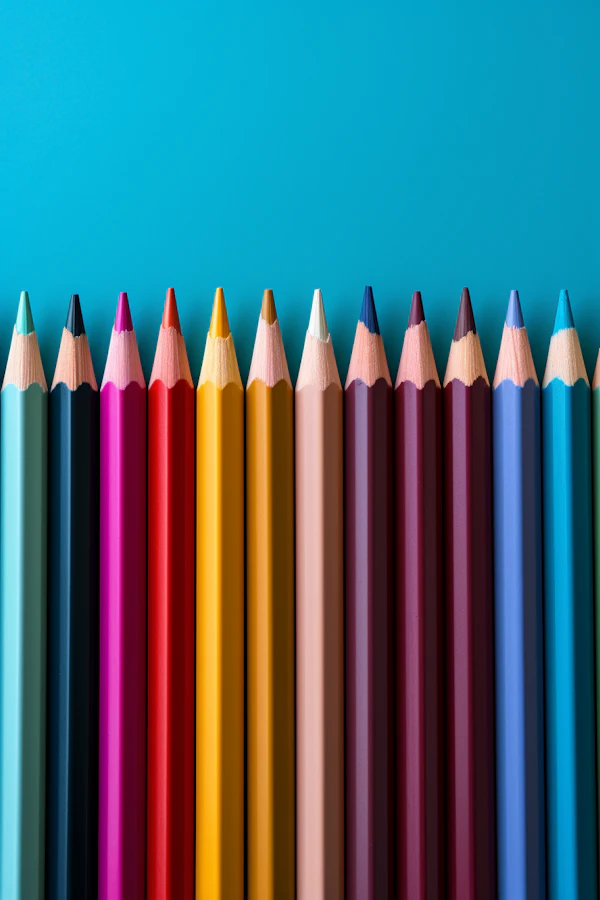 Spectrum of Precision: Sharpened Colored Pencils on Teal