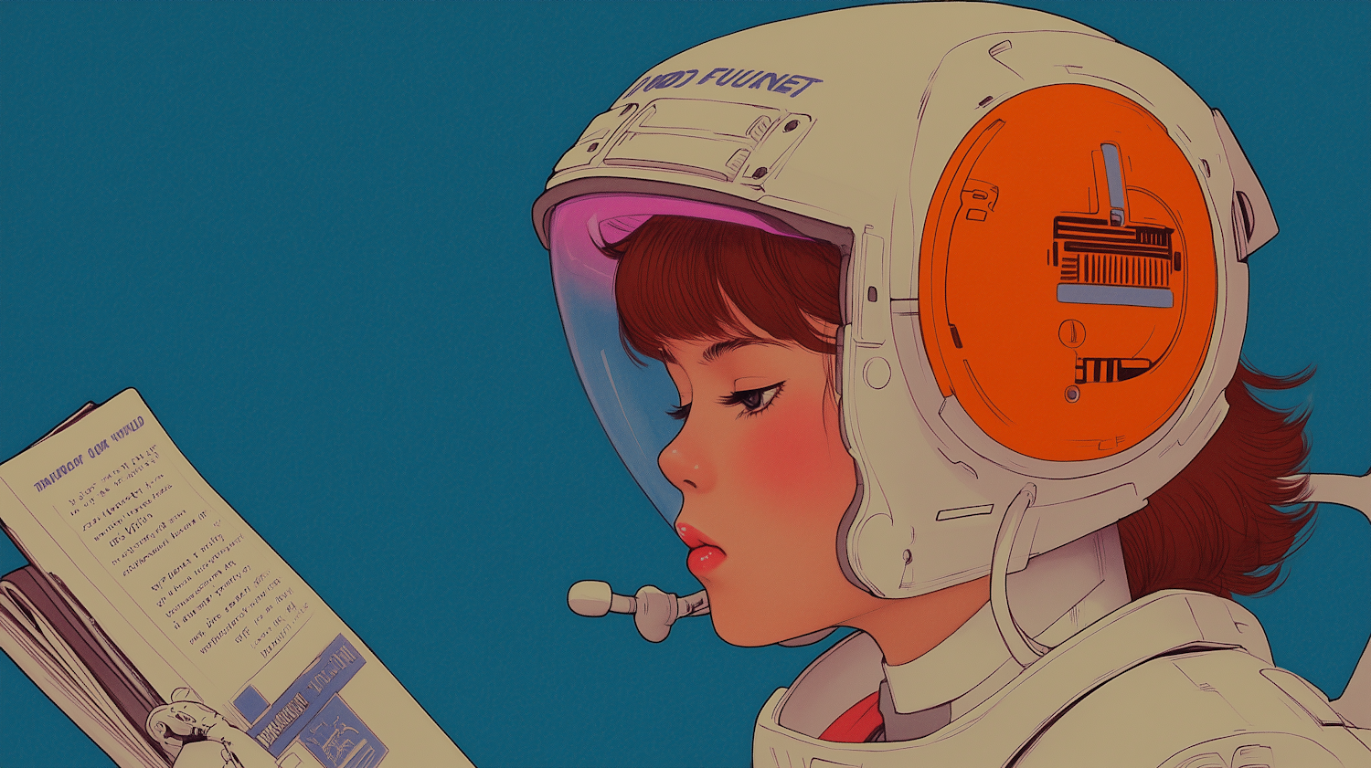 Young Woman in Space Helmet Reading