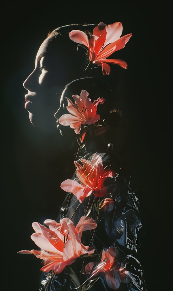 Double Exposure of Human Face and Red Flowers