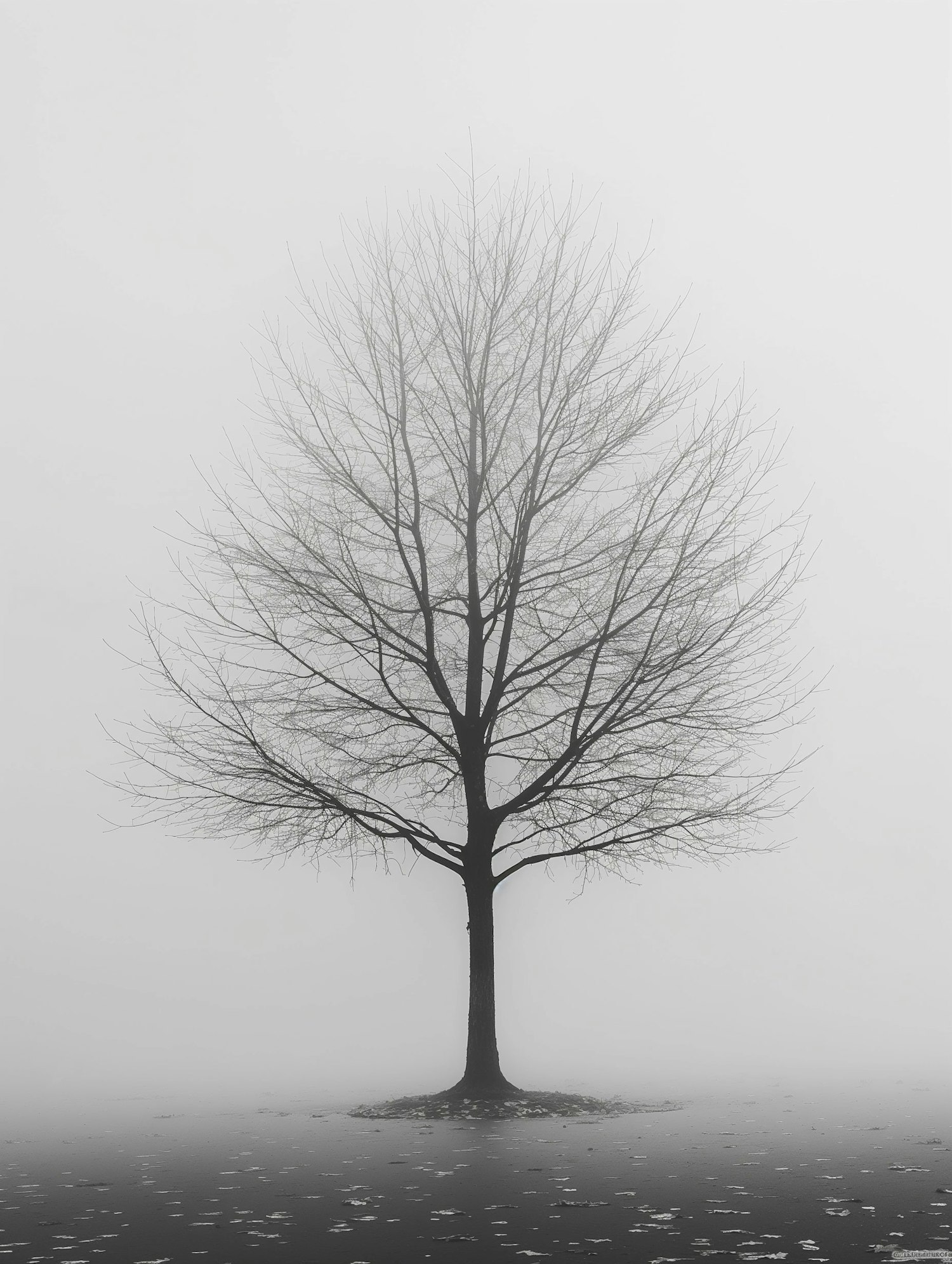 Solitary Tree in Foggy Landscape