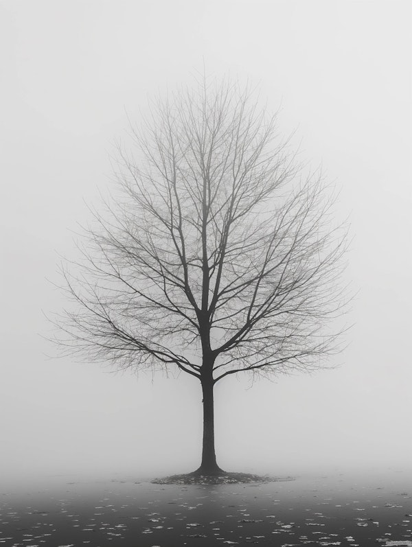 Solitary Tree in Foggy Landscape