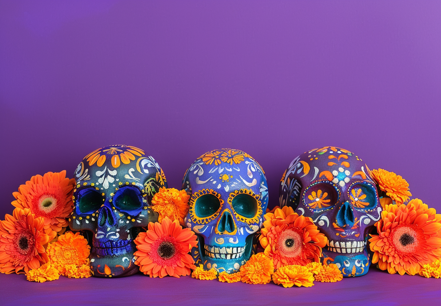 Vibrantly Decorated Day of the Dead Skulls