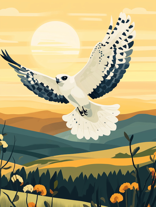 Majestic Flight of the White Owl at Sunset