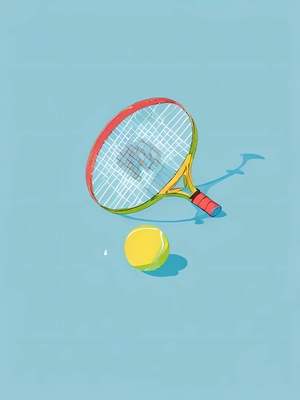 Tennis Racket and Ball on Blue Background