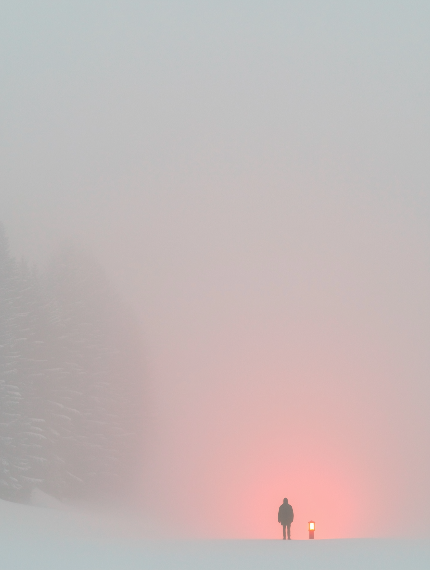 Solitary Figure in Foggy Landscape