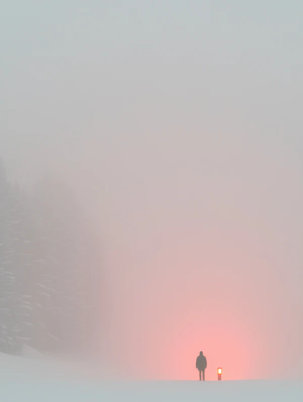 Solitary Figure in Foggy Landscape