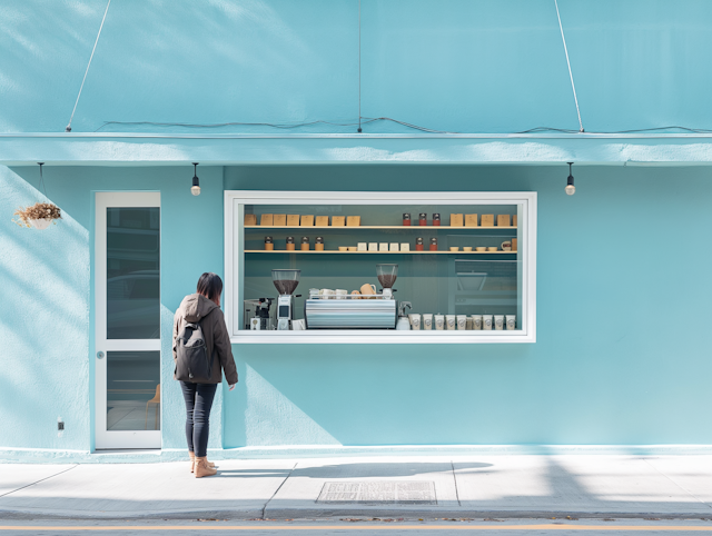 Contemplative Figure Outside Turquoise Café