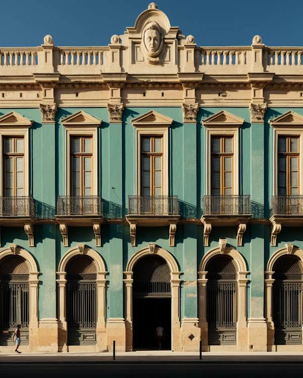 Classical Elegance: A Stately Tan and Turquoise Facade