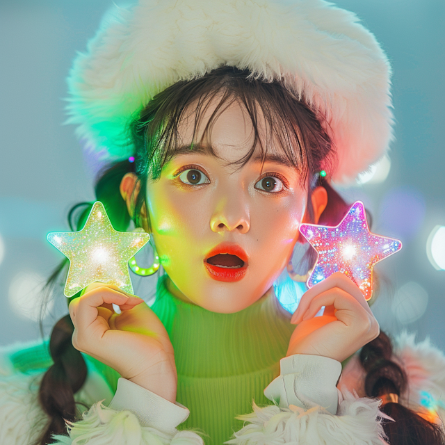 Festive Portrait of a Young Woman with Glowing Stars