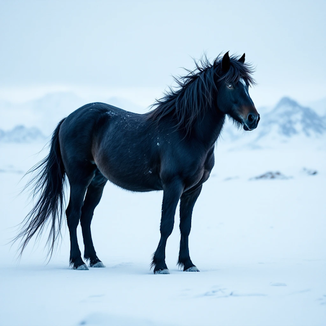 Majestic Black Horse in Snowy Landscape