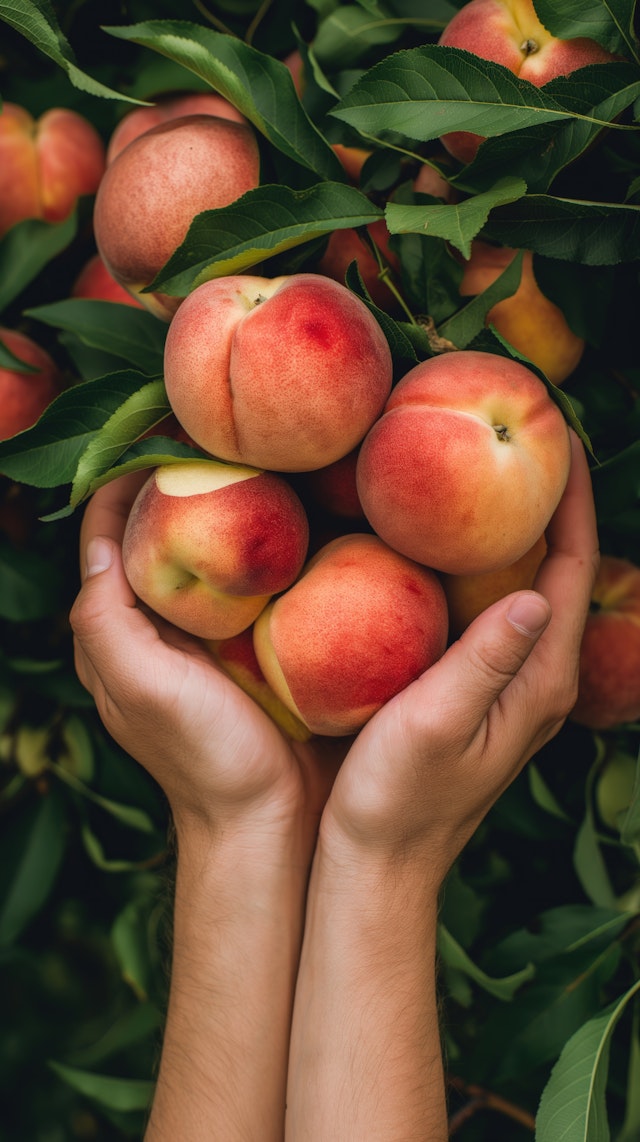 Hands Cradling Ripe Peaches