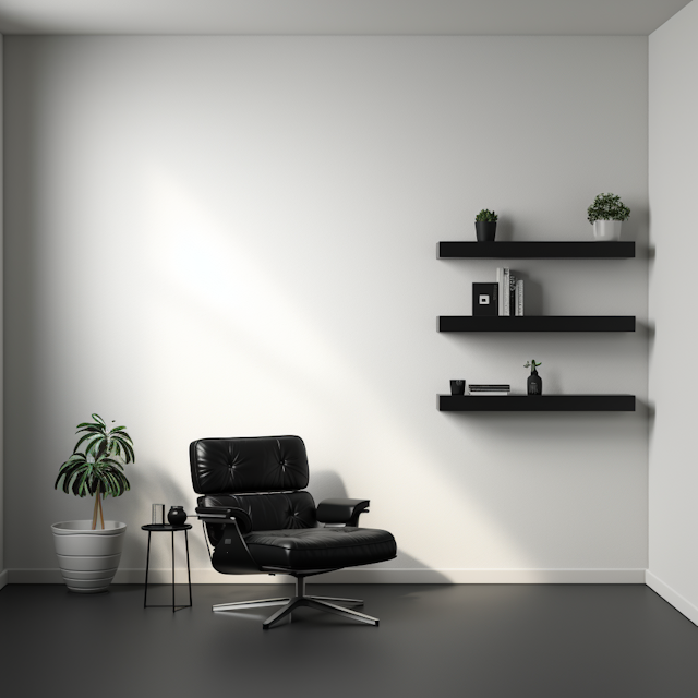 Monochromatic Modern Interior with Leather Chair and Decorative Shelves