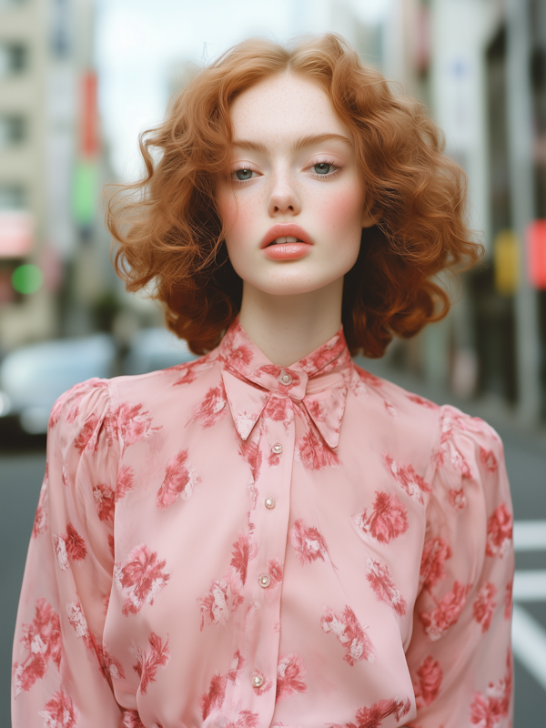 Young Woman with Curly Red Hair in Floral Blouse