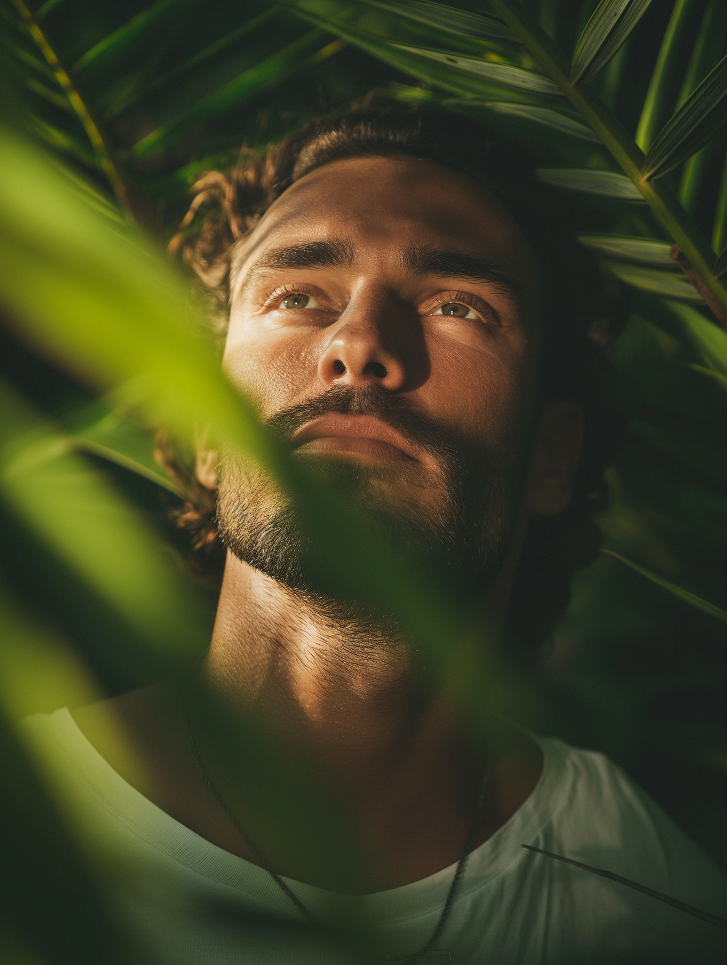 Contemplative Man Amidst Green Foliage