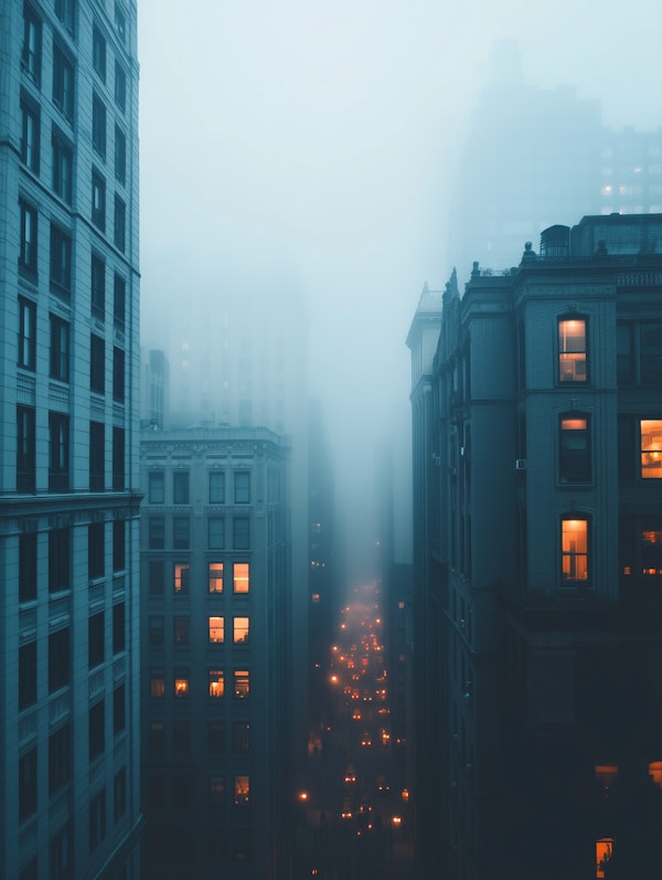 Foggy Urban Scene with High-rise Buildings