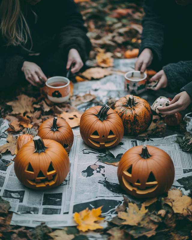 Cozy Autumn Scene with Carved Pumpkins