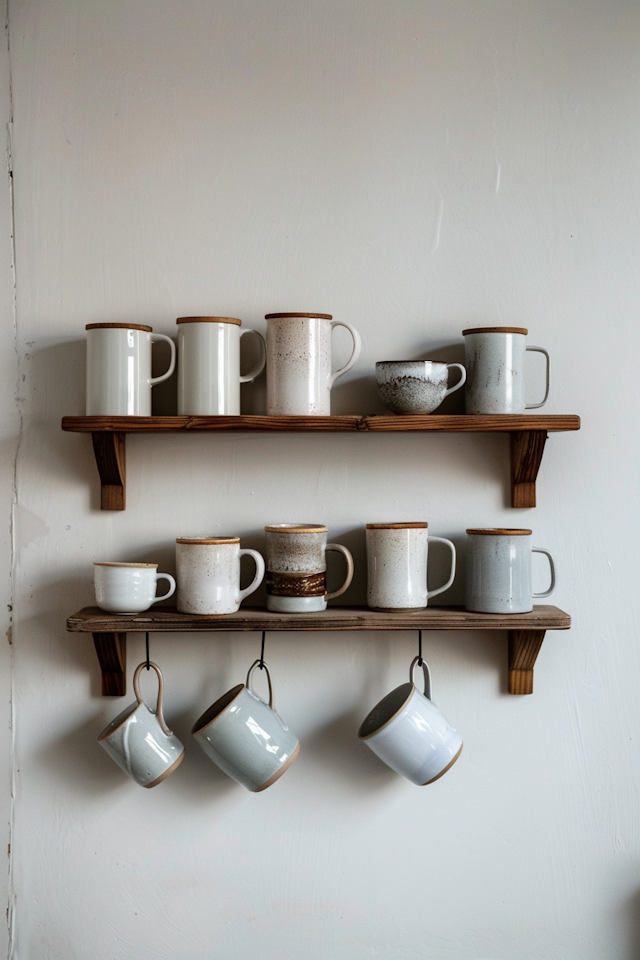 Elegant Ceramic Mug Display on Wooden Shelves