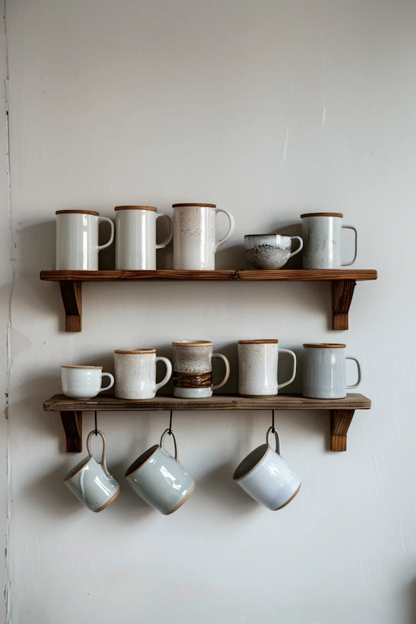 Elegant Ceramic Mug Display on Wooden Shelves