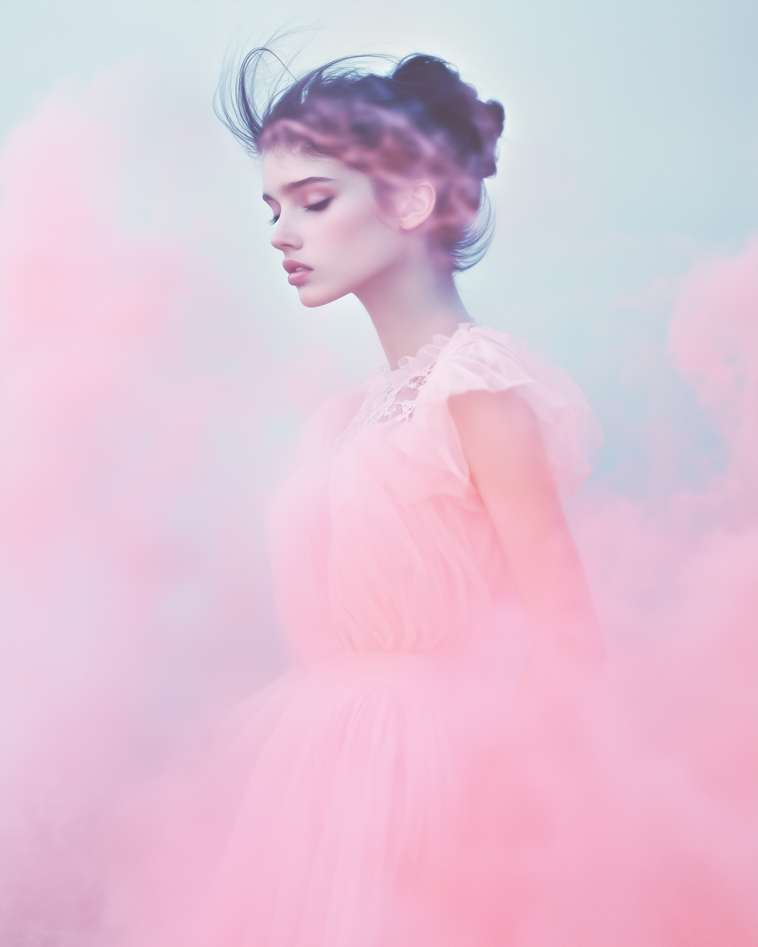 Serene Woman in Pink Mist