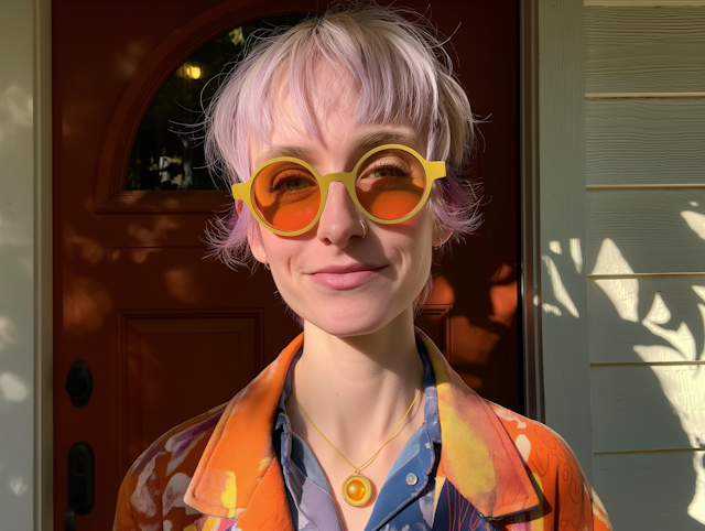 Playful Woman with Pink Hair in Sunlight