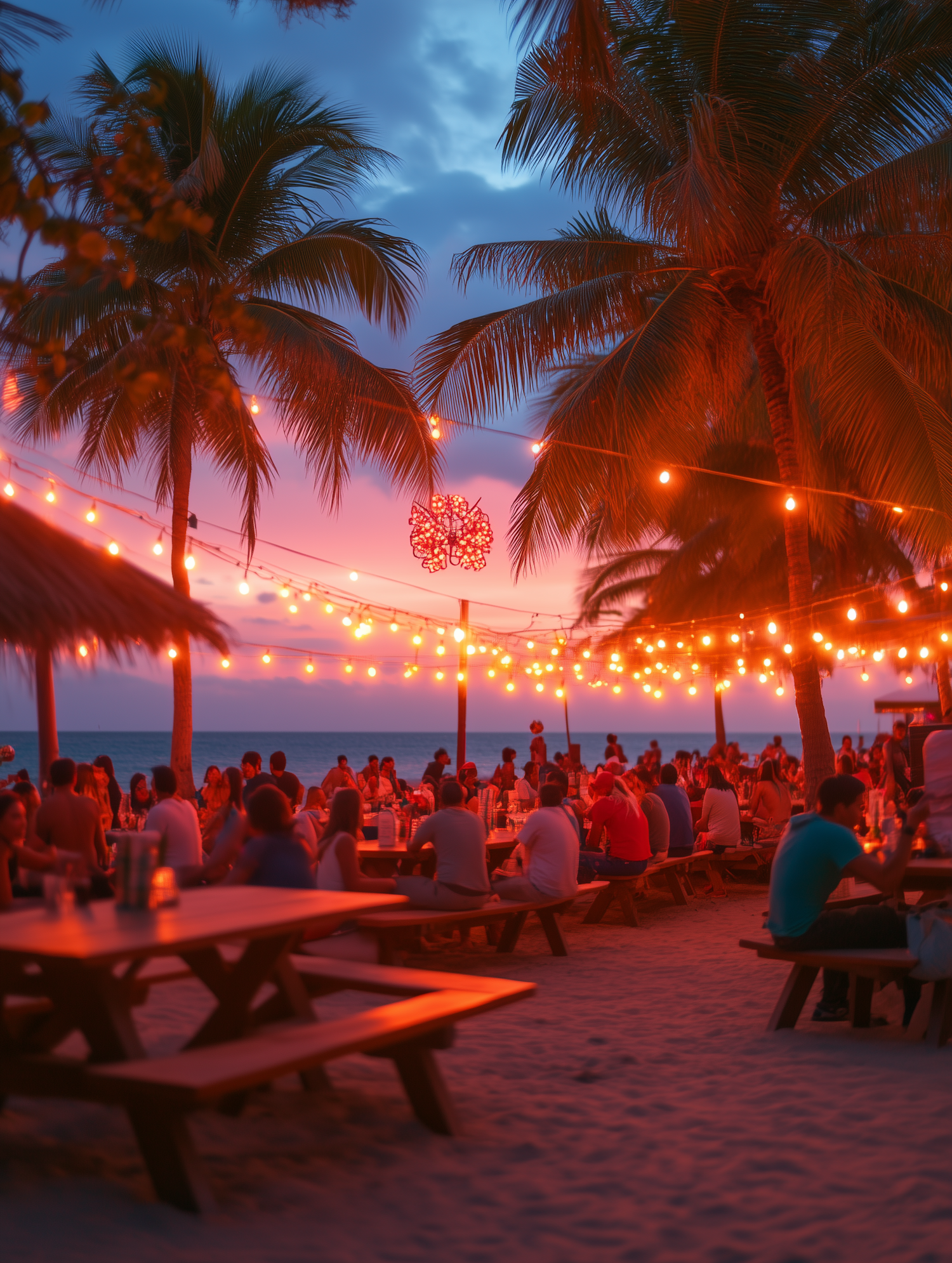 Lively Beach Scene at Sunset