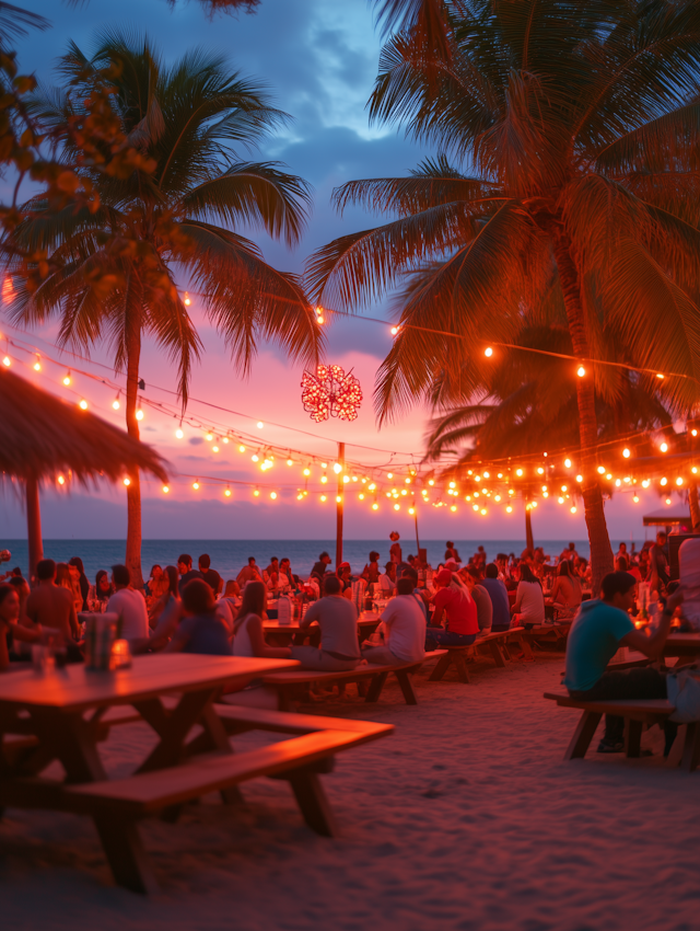 Lively Beach Scene at Sunset