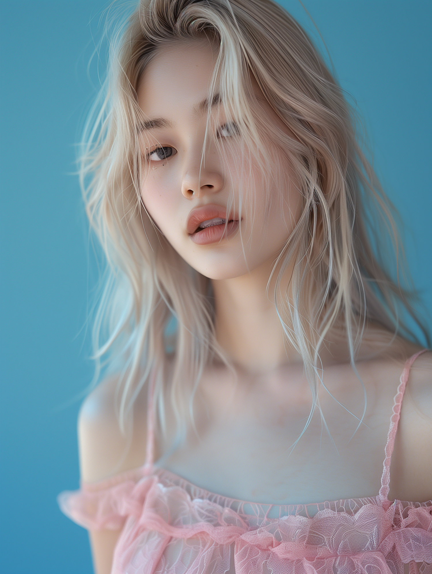 Ethereal Young Woman in Soft Blue