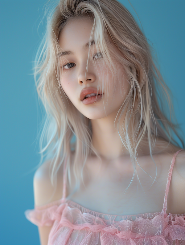 Ethereal Young Woman in Soft Blue