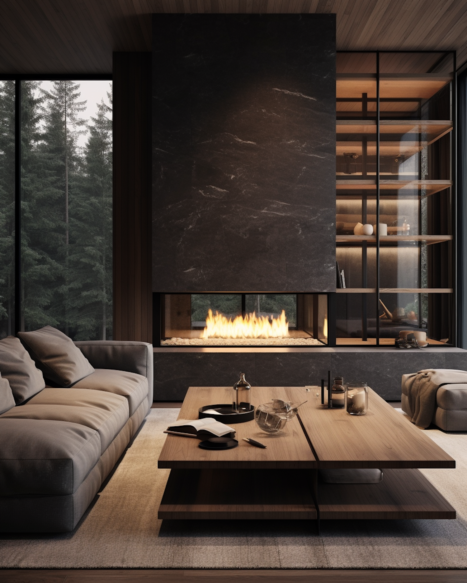 Chic Forest-View Living Room with a Modern Flair