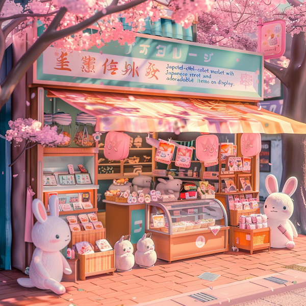 Cherry Blossom Season at a Japanese Cartoonish Animal-themed Market Stall